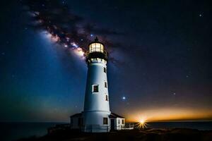 the milky way over a lighthouse at night. AI-Generated photo