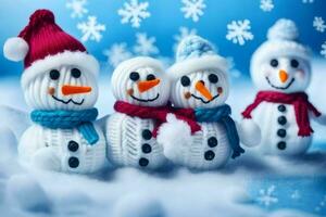 snowmen in hats and scarves are standing in front of snowflakes. AI-Generated photo