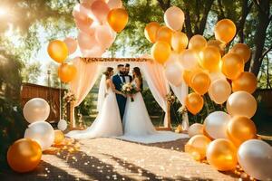 Boda Pareja debajo un arco de globos generado por ai foto