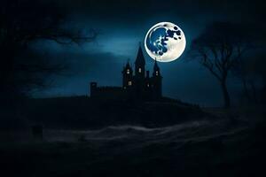 a castle in the dark with a full moon. AI-Generated photo