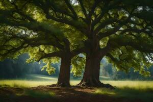 two large trees in the middle of a field. AI-Generated photo