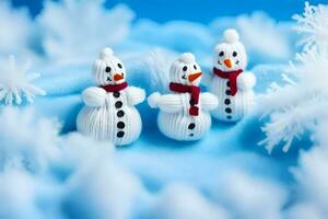 three snowmen are sitting on a blue background. AI-Generated photo