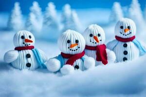 five snowmen are standing in the snow. AI-Generated photo