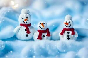 three snowmen in red scarves and hats on a blue background. AI-Generated photo