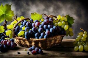 grapes in a basket on a wooden table. AI-Generated photo