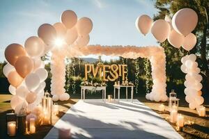 Boda ceremonia con globos y signo. generado por ai foto