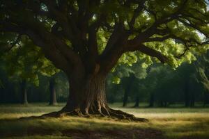 un grande árbol en el medio de un campo. generado por ai foto