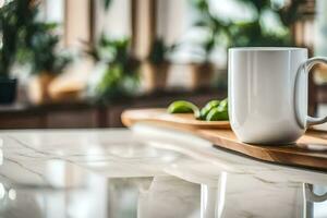 a coffee cup sits on a wooden cutting board. AI-Generated photo