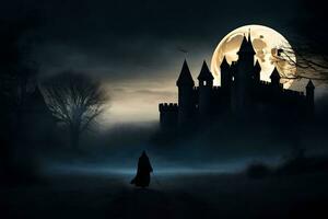 a man in a cloak walks towards a castle in the dark. AI-Generated photo