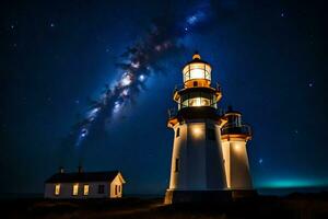 the lighthouse and the milky are shown in the night sky. AI-Generated photo