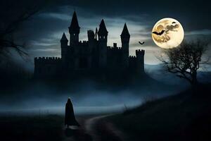 un mujer en un negro capa camina mediante un bosque a noche con un castillo en el antecedentes. generado por ai foto