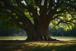 un grande árbol en el medio de un campo. generado por ai foto