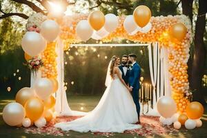 a bride and groom standing under a golden arch with balloons. AI-Generated photo