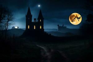 a castle in the dark with a full moon. AI-Generated photo