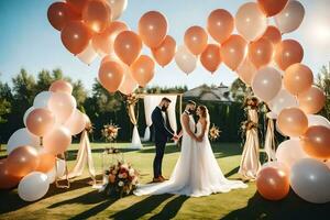 a bride and groom standing under an arch of balloons. AI-Generated photo