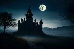 a castle in the fog with a full moon. AI-Generated photo