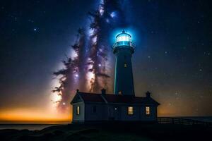 un faro con un estrellado cielo encima él. generado por ai foto