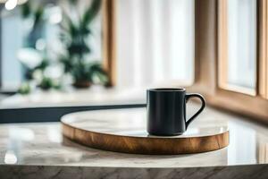 black coffee mug on a marble countertop. AI-Generated photo