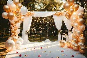 a wedding ceremony with balloons and white drapes. AI-Generated photo