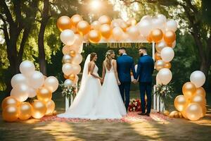 Boda ceremonia en el parque con oro y blanco globos generado por ai foto