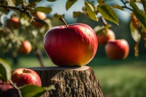 un manzana es sentado en parte superior de un tocón. generado por ai foto