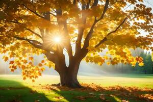 el Dom brilla mediante el hojas de un árbol. generado por ai foto