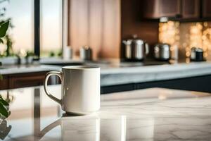 a coffee mug on a kitchen counter. AI-Generated photo
