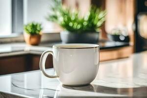 un blanco café taza sentado en un mostrador cima. generado por ai foto