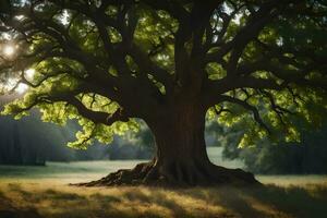 el Dom brilla mediante el hojas de un roble árbol. generado por ai foto