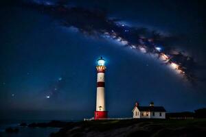 un faro con estrellas y lechoso camino encima él. generado por ai foto