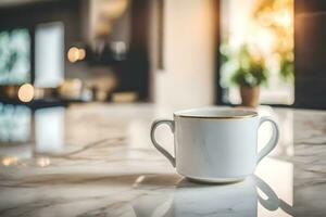 un blanco café taza sentado en un mármol encimera. generado por ai foto