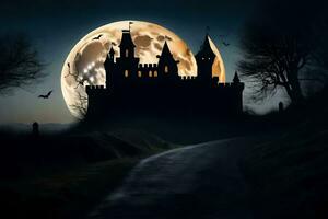 a castle in the dark with a full moon. AI-Generated photo