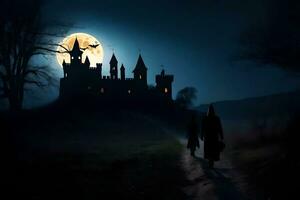 halloween, castle, halloween, the moon, the night, the moonlight,. AI-Generated photo