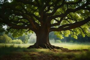 un roble árbol en el medio de un campo. generado por ai foto