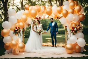 un novia y novio estar debajo un grande arco de globos generado por ai foto