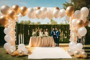 a couple is standing under a balloon arch with gold and white balloons. AI-Generated photo