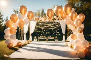a wedding ceremony with gold balloons and white drapes. AI-Generated photo