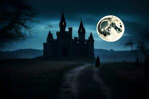 a castle with a full moon in the sky. AI-Generated photo