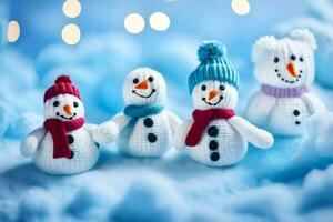 a group of snowmen are standing in a row. AI-Generated photo