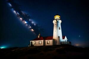 el lechoso camino terminado el faro a noche. generado por ai foto