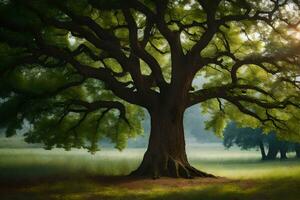 un roble árbol en el medio de un campo. generado por ai foto