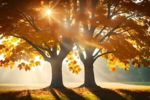 two trees in the sun with leaves falling. AI-Generated photo