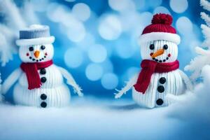 two snowmen are wearing scarves and hats. AI-Generated photo