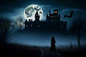 a woman in a black dress walks through a field at night with a castle in the background. AI-Generated photo