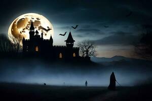 halloween castle in the fog with bats flying. AI-Generated photo