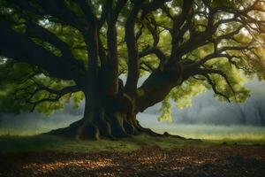 an old oak tree in the middle of a field. AI-Generated photo