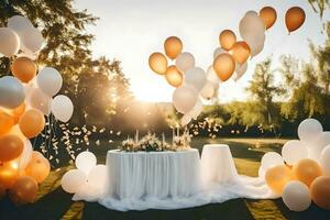 balloons and white tablecloth in the sun. AI-Generated photo