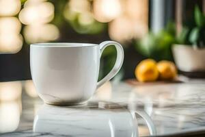 un blanco café taza sentado en un mármol encimera. generado por ai foto