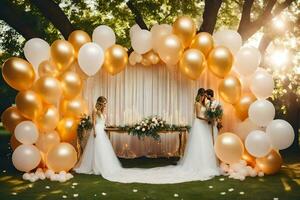 wedding couple in front of a gold and white balloon arch. AI-Generated photo