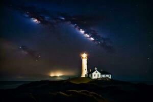 a lighthouse with stars in the sky and a light shining. AI-Generated photo